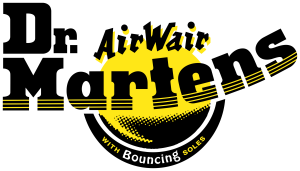 Logo Dr. Martens comportant une inscription en noir et jaune en caractères gras indiquant « Dr. Martens AirWair with Bouncing Soles », avec un cercle jaune et un lettrage stylisé.