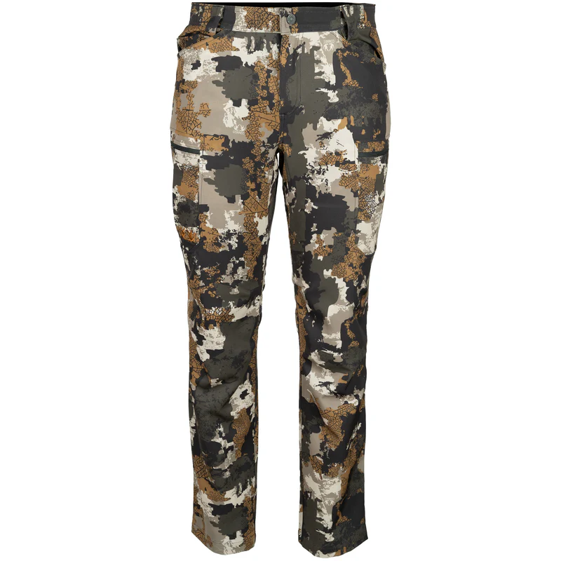 Pantalon d'extérieur à motif de camouflage numérique dans les tons marron, vert, beige et noir, avec poches cargo latérales et passants de ceinture.