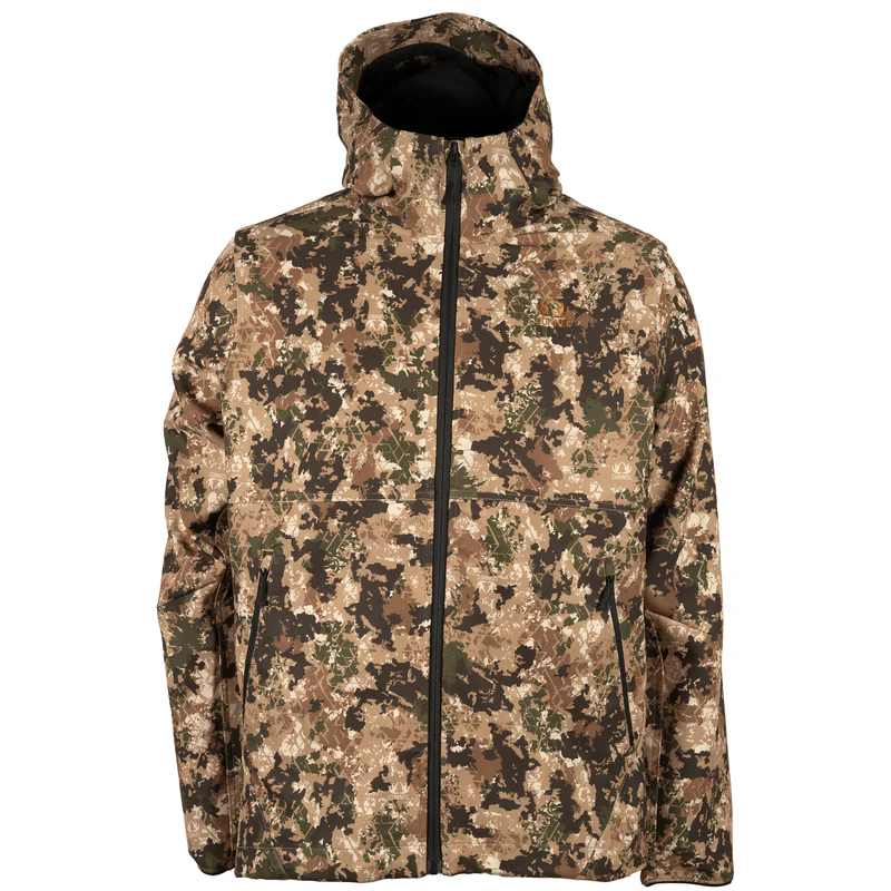 Veste à capuche avec fermeture à glissière sur tout le devant et motif camouflage marron, vert et beige, conçue pour l'extérieur ou la chasse.