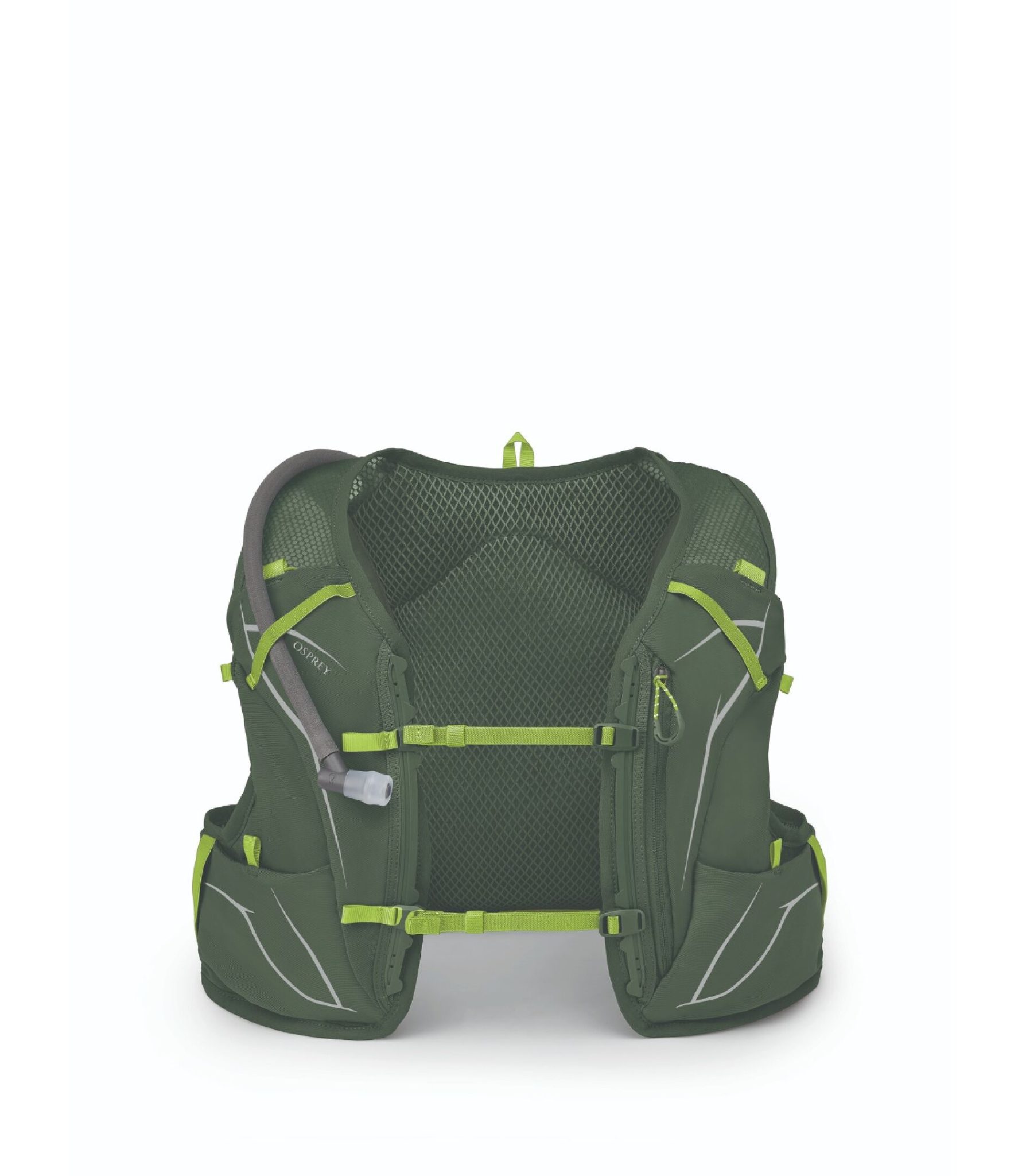 Un sac à dos d'hydratation vert avec des bretelles en filet, un tube d'hydratation sur la bretelle gauche et de multiples poches à fermeture éclair. Le sac à dos comporte des accents réfléchissants et des bordures vertes brillantes.