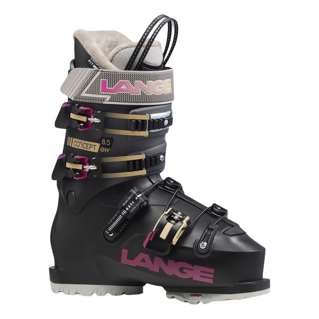 La chaussure de ski CONCEPT 8.5 W GW présente une coque noire, des boucles violettes et dorées, un rembourrage beige, "Lange" en rose sur le revers et le côté, quatre boucles et une semelle blanche robuste, conçue pour le ski alpin.