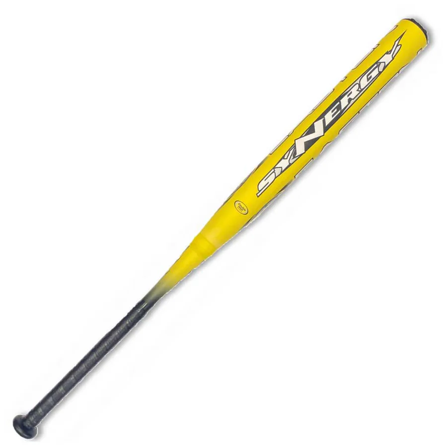 Une batte de softball BÂTON EASTON SYNERGY ISF FP, 34" / 26 oz, présentant un corps jaune avec l'inscription « Synergy » en lettres blanches, une poignée noire et un embout argenté, représentée seule sur un fond blanc.