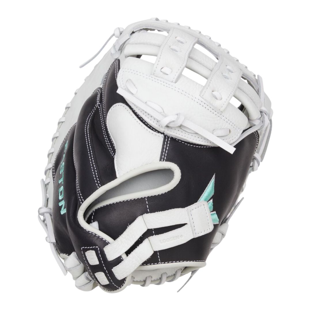 Le gant FUNDAMENTAL SERIES CATCHERS MITT RHT est un gant en cuir noir et blanc avec des surpiqûres sarcelles, un design ouvert et des lacets visibles.