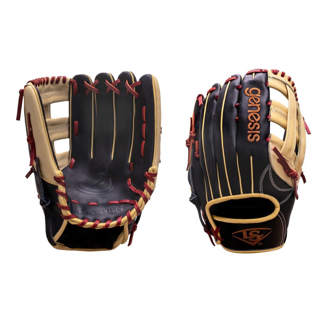 Le GENESIS SP FIELDING GLOVE 14 BLACK-BLOND est présenté sous deux angles : la paume et le dos. Il est composé de cuir noir et blond avec des accents rouges et "genesis" brodé sur le dos.
