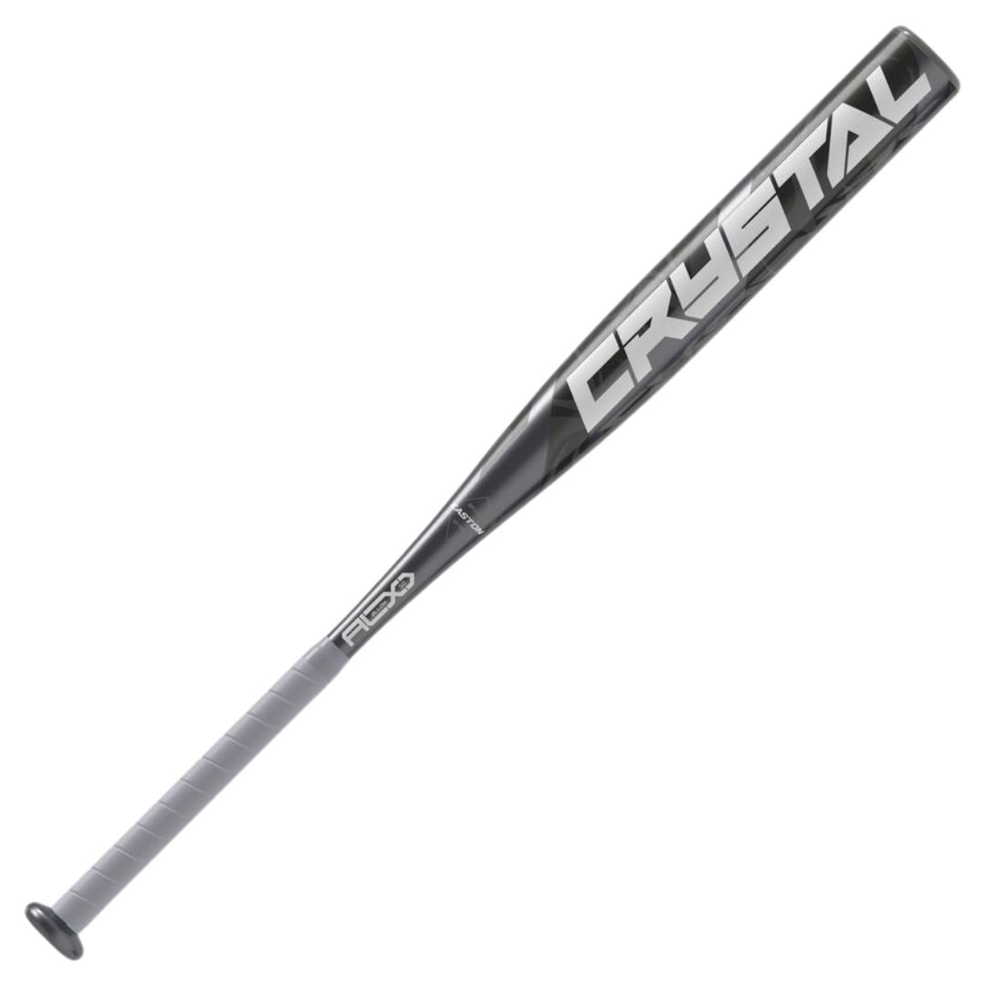 Une batte de fastpitch CRYSTAL 13 de 29 pouces, dotée d'un design en aluminium noir et gris, d'un grand lettrage blanc « CRYSTAL » sur le fût et d'un manche gainé.