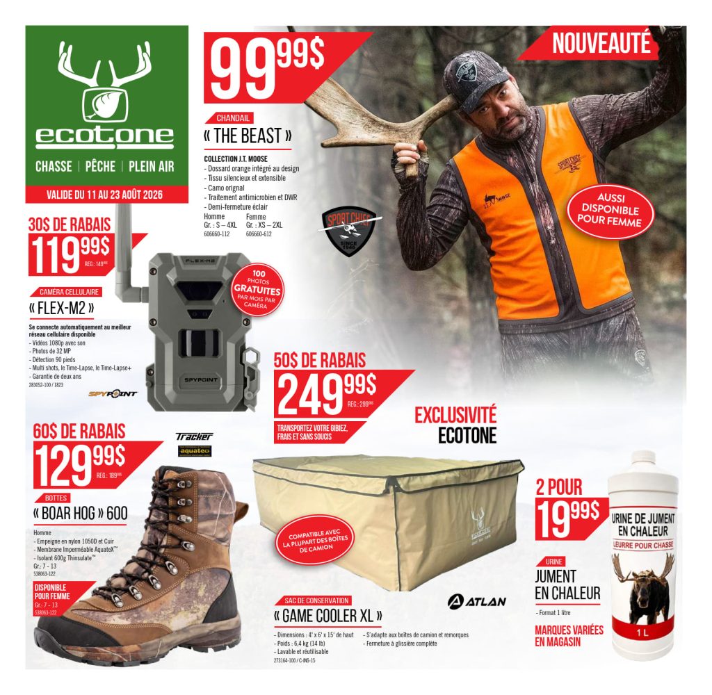 Un homme en tenue de chasse tient des bois de cerf. À ses côtés se trouvent notamment des bottes de chasse, un appareil photo, une glacière et une bouteille. Le texte met en avant les réductions et les promotions proposées chez Ecotone, un magasin spécialisé dans la chasse et les activités de plein air.