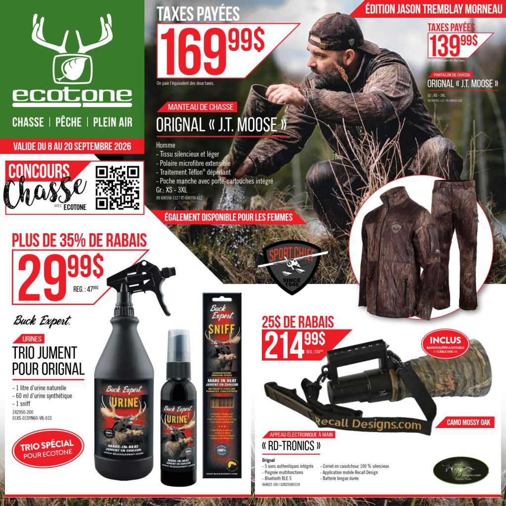 Prospectus de vente d'équipement de chasse Ecotone présentant des vestes, des produits anti-odeurs, des déclencheurs d'arc, des casquettes et les détails des prix. Le texte met en avant les offres spéciales et les réductions, avec des photos des produits destinées aux passionnés de chasse et de plein air.