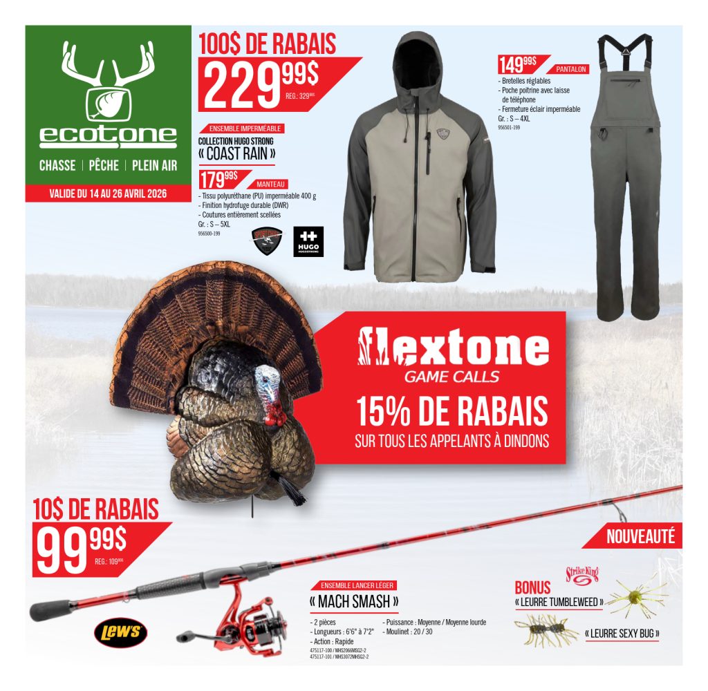 Dépliant promotionnel pour Ecotone proposant des réductions sur du matériel de chasse et de pêche : vestes, pantalons à bretelles, appeau à dinde, canne à pêche et leurre à dinde. Les prix en gras et les pourcentages de réduction sont affichés, avec des images et des logos de produits.