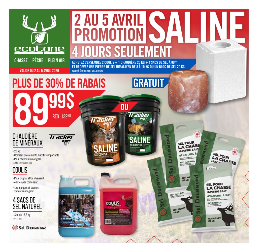 Dépliant promotionnel pour Ecotone présentant des pierres à lécher, des blocs de sel et des attractants de chasse en vente du 2 au 5 avril 2026. Les produits et les prix sont affichés avec un texte promotionnel en gras et le logo Ecotone.