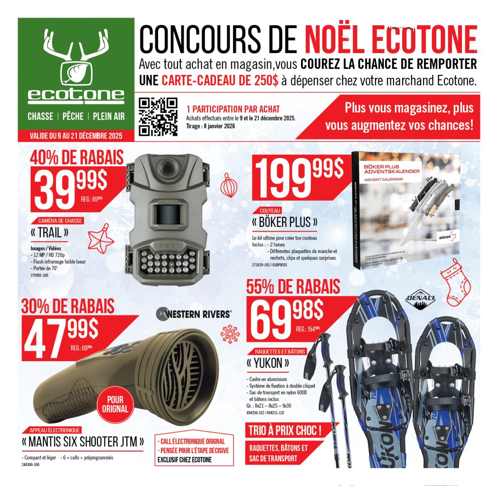 Dépliant promotionnel pour le concours de Noël d'Ecotone, présentant des caméras de chasse, un jeu de poker, des raquettes à neige et un lance-pierre en vente avec des prix, des réductions, des images de produits et des détails sur le concours.