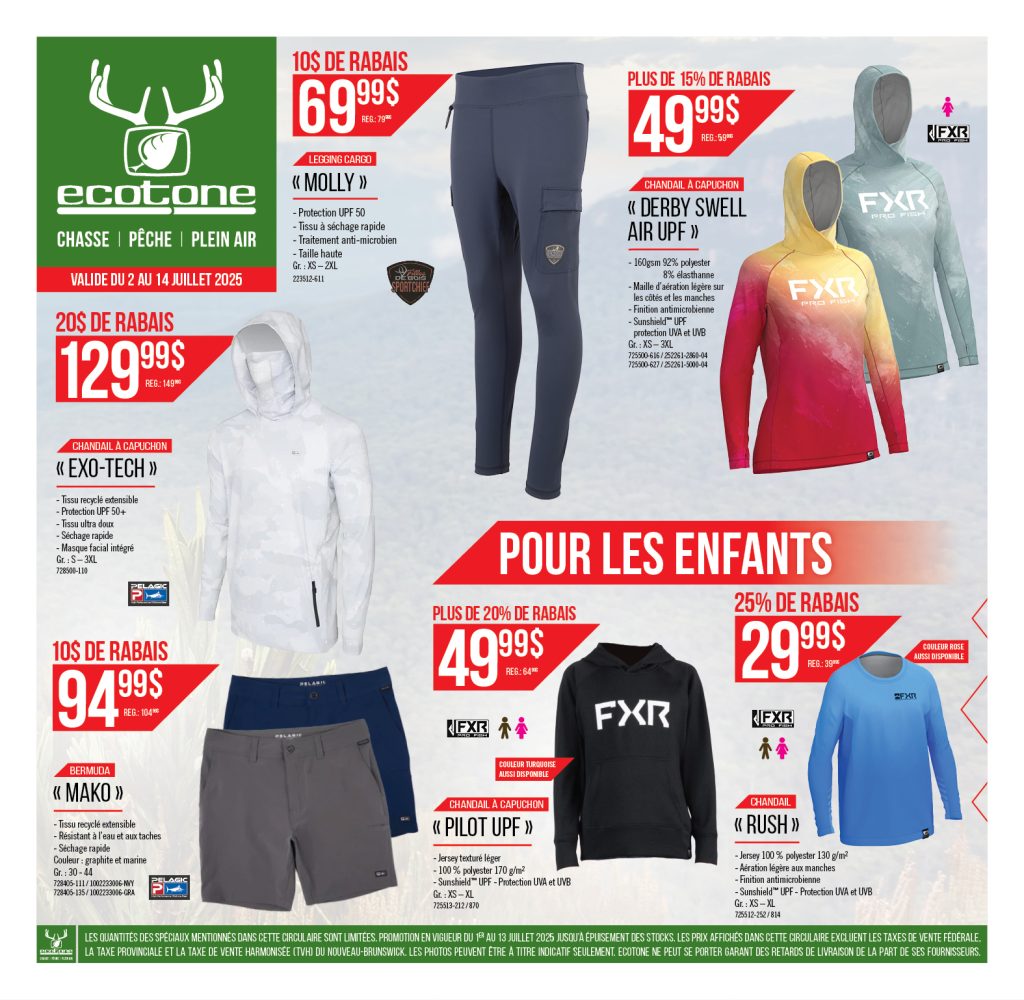 Flyer pour la vente de vêtements de plein air Ecotone, présentant des vestes, des leggings, des sweats à capuche, des shorts et des chemises pour adultes et enfants, avec des remises et des prix affichés sur un fond rouge et vert.