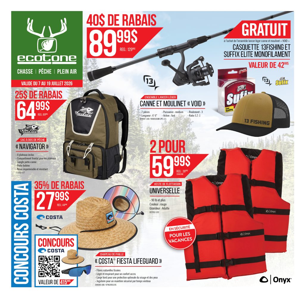 Prospectus présentant des articles de plein air : ensemble canne à pêche et moulinet, sac à dos, gilet de sauvetage universel, casquettes, ainsi qu'un jeu-concours permettant de gagner une casquette Costa. Les réductions et les prix sont indiqués en rouge, avec le logo Ecotone et les dates de la promotion, le tout sur fond blanc.