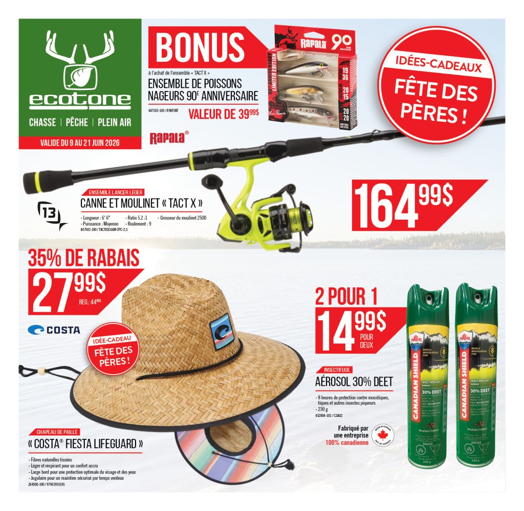 Prospectus de vente pour la fête des pères présentant une canne à pêche, des leurres de pêche, un chapeau de paille et deux bombes insecticides en aérosol. Inclut des prix promotionnels, des remises et un message "Idées de cadeaux pour la fête des pères" en français.