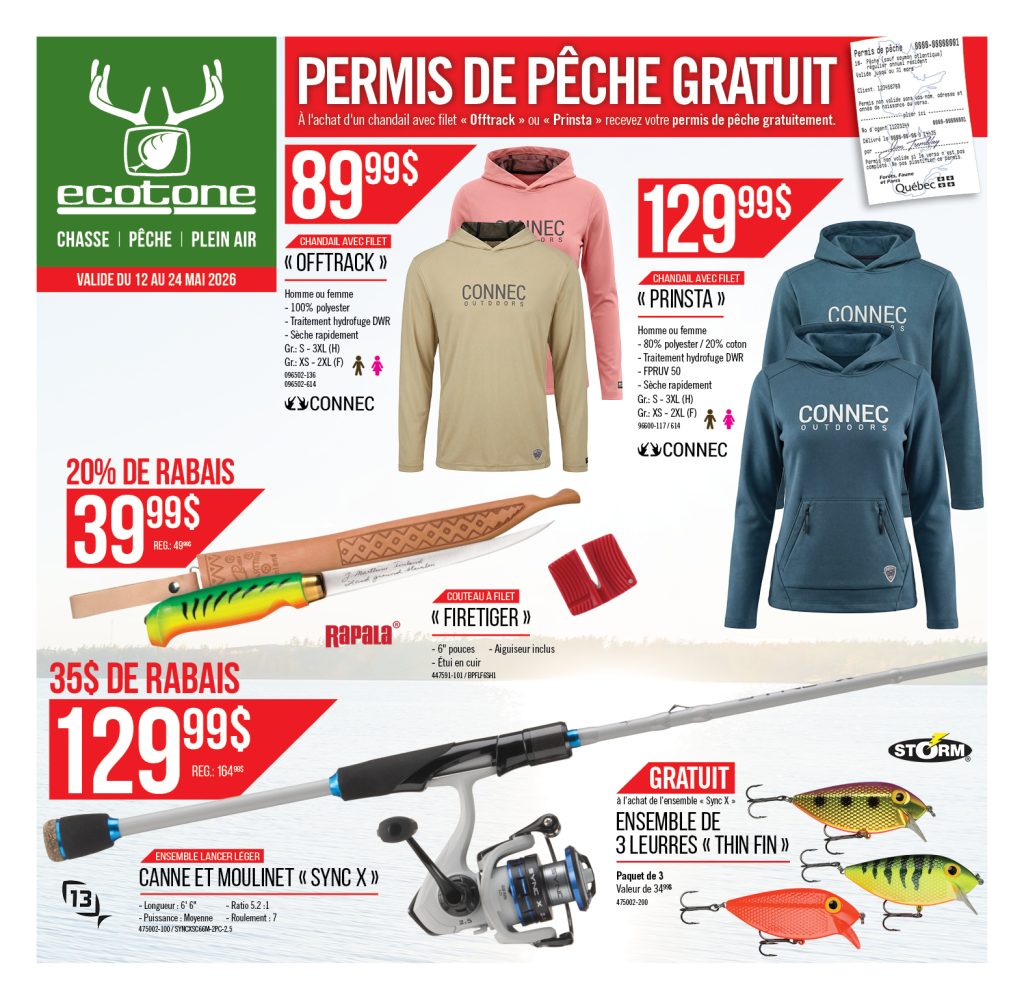 Prospectus de vente de matériel de pêche en France indiquant des prix réduits sur des sweats à capuche, un couteau à filet, un ensemble canne à pêche et moulinet, et des leurres de pêche. Le prospectus fait la promotion de permis de pêche gratuits et la marque du magasin est visible.
