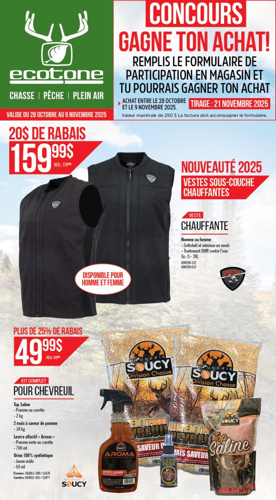 Publicité pour Ecotone présentant des vestes chauffantes pour hommes et femmes, des produits de chasse et un concours pour gagner votre achat. Inclut des images de produits, des prix et un texte promotionnel en rouge gras.