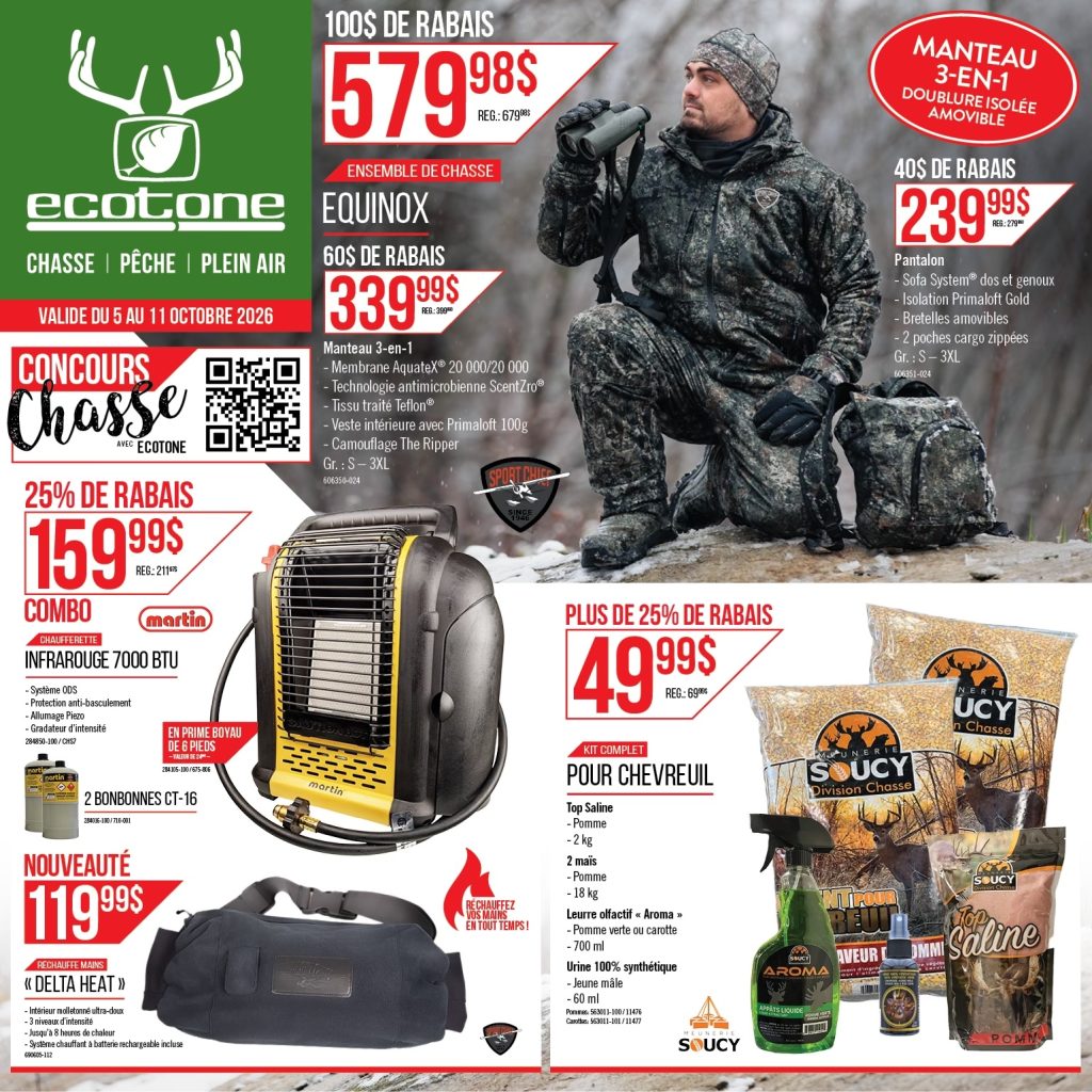 Prospectus promotionnel pour les équipements de chasse Ecotone, présentant un manteau 3-en-1, un radiateur infrarouge Martin, un coussin chauffant et des appâts pour cerfs de la marque Soucy, avec indication des prix et des détails de la promotion.