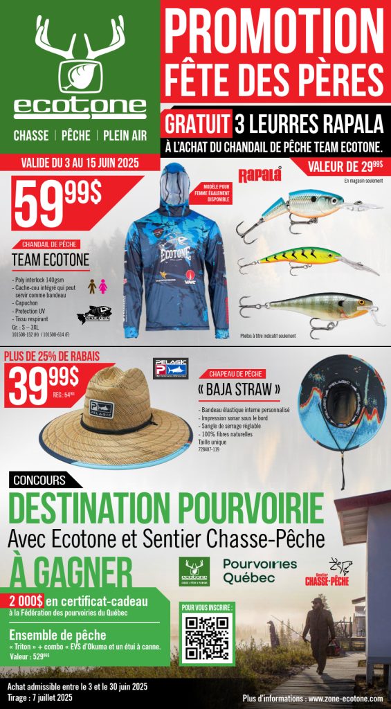 Flyer promotionnel pour la fête des Pères d'Ecotone, présentant des t-shirts de pêche à prix réduit, une tombola pour une chasse guidée et une offre de leurres gratuits. Il présente des images de t-shirts, d'une casquette, d'articles de pêche et de logos de la marque sur fond rouge et vert.