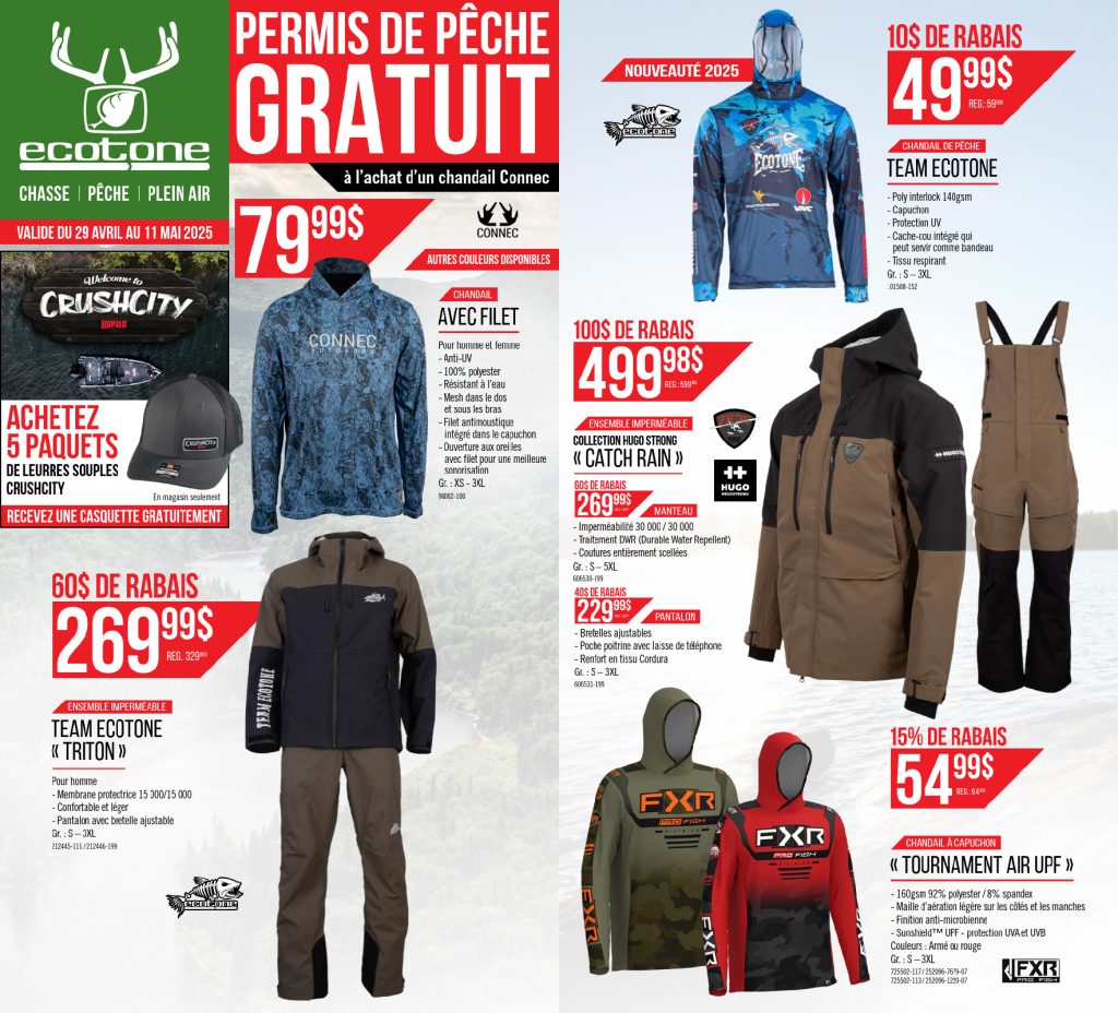 Un dépliant de vente d'articles de pêche en français, proposant des vêtements et des chapeaux à prix réduit, ainsi qu'un permis de pêche gratuit pour tout achat. Vestes, salopettes, sweats à capuche et cuissardes sont proposés, avec prix et photos pour chaque article.