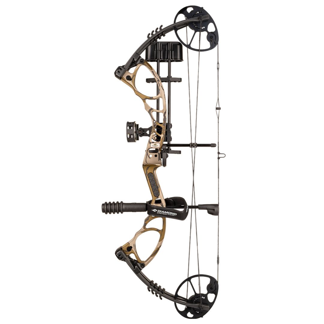 L'EDGE XT RH BOTTOMLAND est un arc à poulies moderne avec une monture beige et noire, deux cames, plusieurs câbles, un stabilisateur et un viseur, présentés verticalement sur un fond blanc.