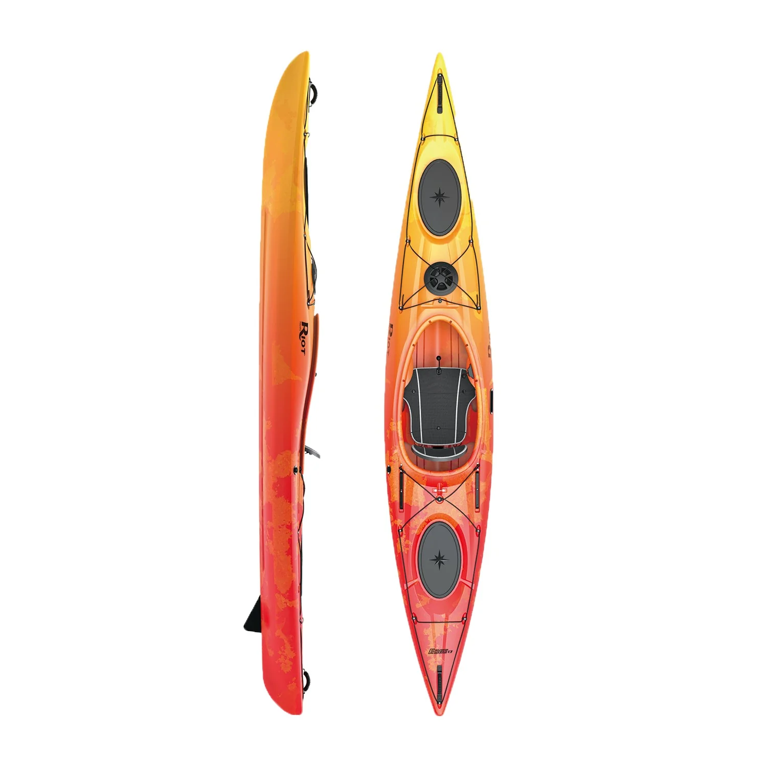 Vues de dessus et de profil du kayak sit-on-top EDGE 13 SKEG, qui se distingue par son design aux couleurs dégradées orange-jaune-rouge, ses deux coffres de rangement et son siège central noir.