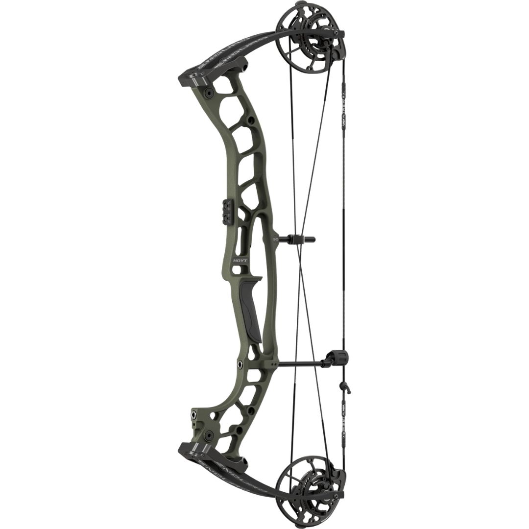 L'ENDURO VALUE PKG RH60 24-30" WILDERNESS est un arc à poulies moderne avec un cadre squelettique vert olive, deux cames et plusieurs câbles de tension, sur fond blanc.