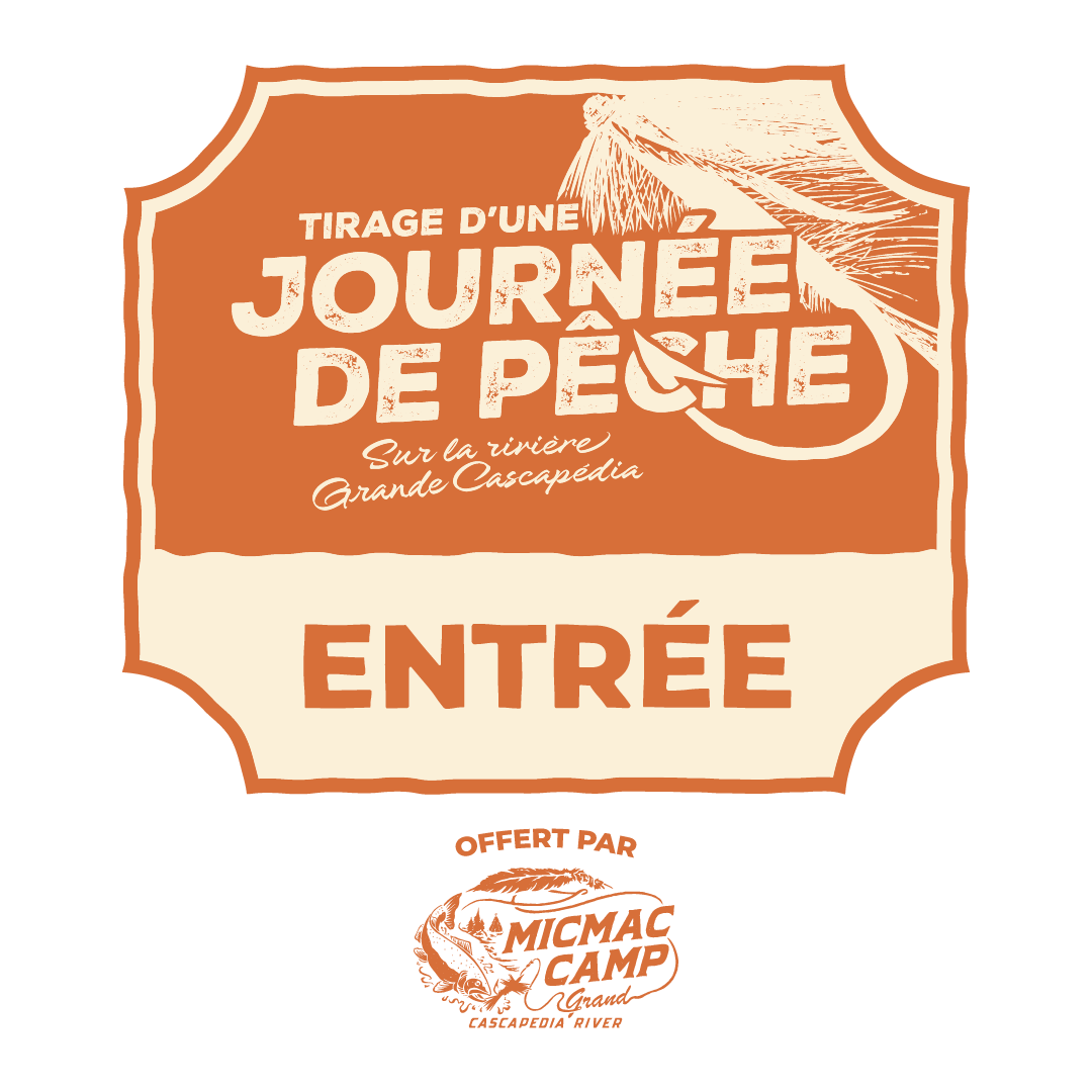 Illustration graphique orange et blanche représentant une mouche de pêche, accompagnée d'un texte en français annonçant la possibilité de gagner une « participation au tirage au sort pour une journée de pêche au Micmac Camp X Rhéal Pitre Sports » sur la Grande Cascapédia. Le mot « participation » est en gras, et le logo en bas indique « Micmac Camp ».
