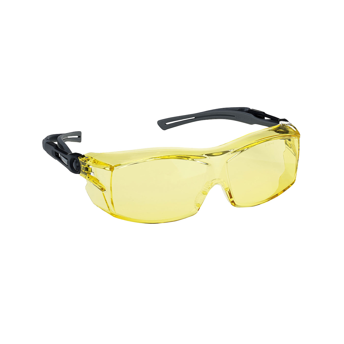 Une paire de lunettes de sécurité teintées jaunes avec des branches réglables noires, conçues pour la protection des yeux.