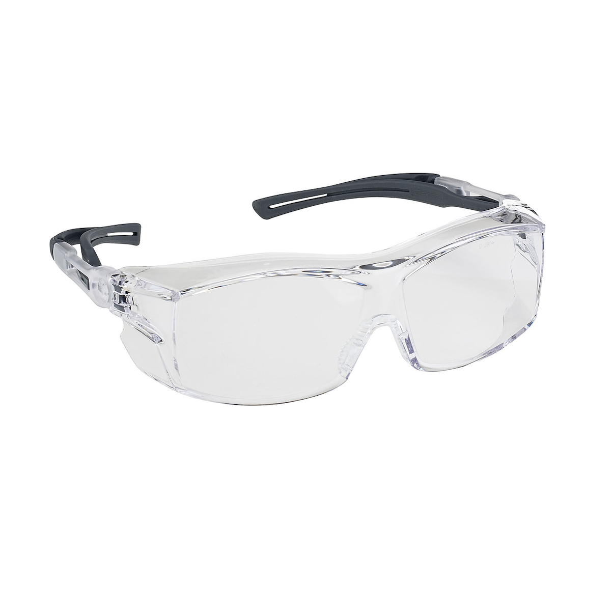 Lunettes de sécurité transparentes avec branches réglables noires et grises, conçues pour une protection optimale des yeux. Les verres enveloppants offrent une protection optimale.