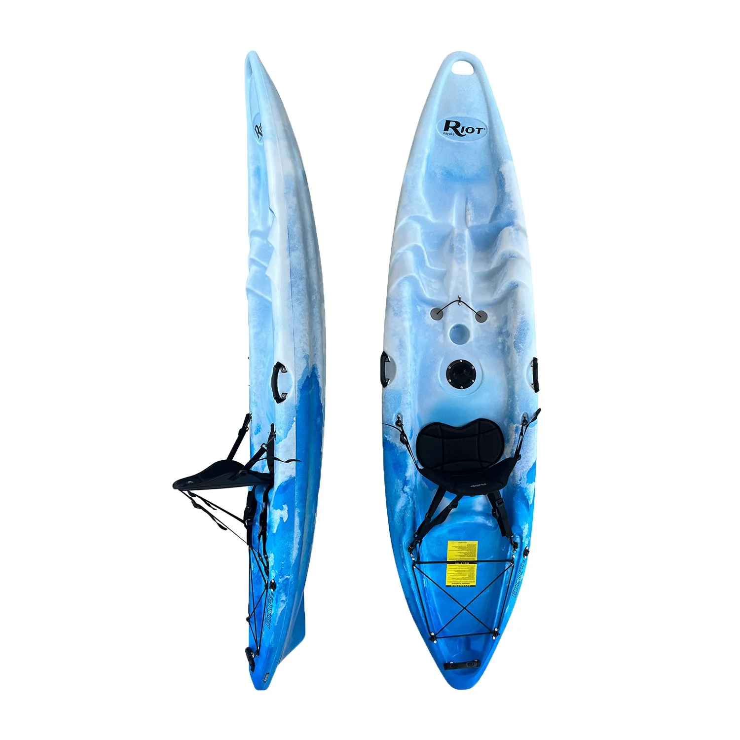 Deux modèles KAYAK RIOT ESCAPE 9, en bleu et en blanc, sont présentés vus de dessus et de profil. Ils sont équipés de sièges moulés, de cordes élastiques noires de rangement, de supports pour pagaies et arborent le logo « Riot » bien visible.