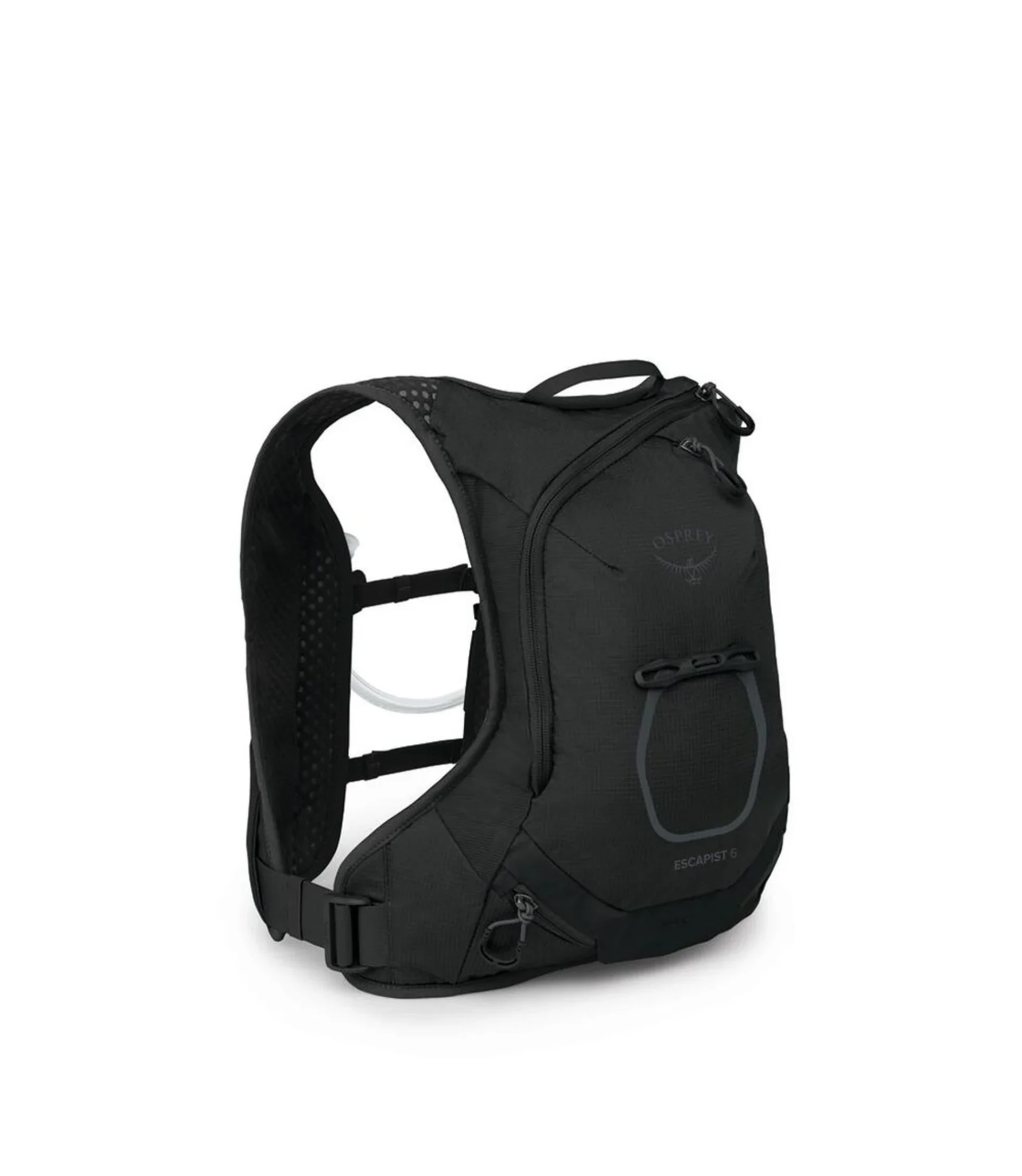Sac à dos noir Osprey Escapist 6 avec bretelles, poignée supérieure, multiples compartiments zippés et tube d'hydratation attaché, sur fond blanc.