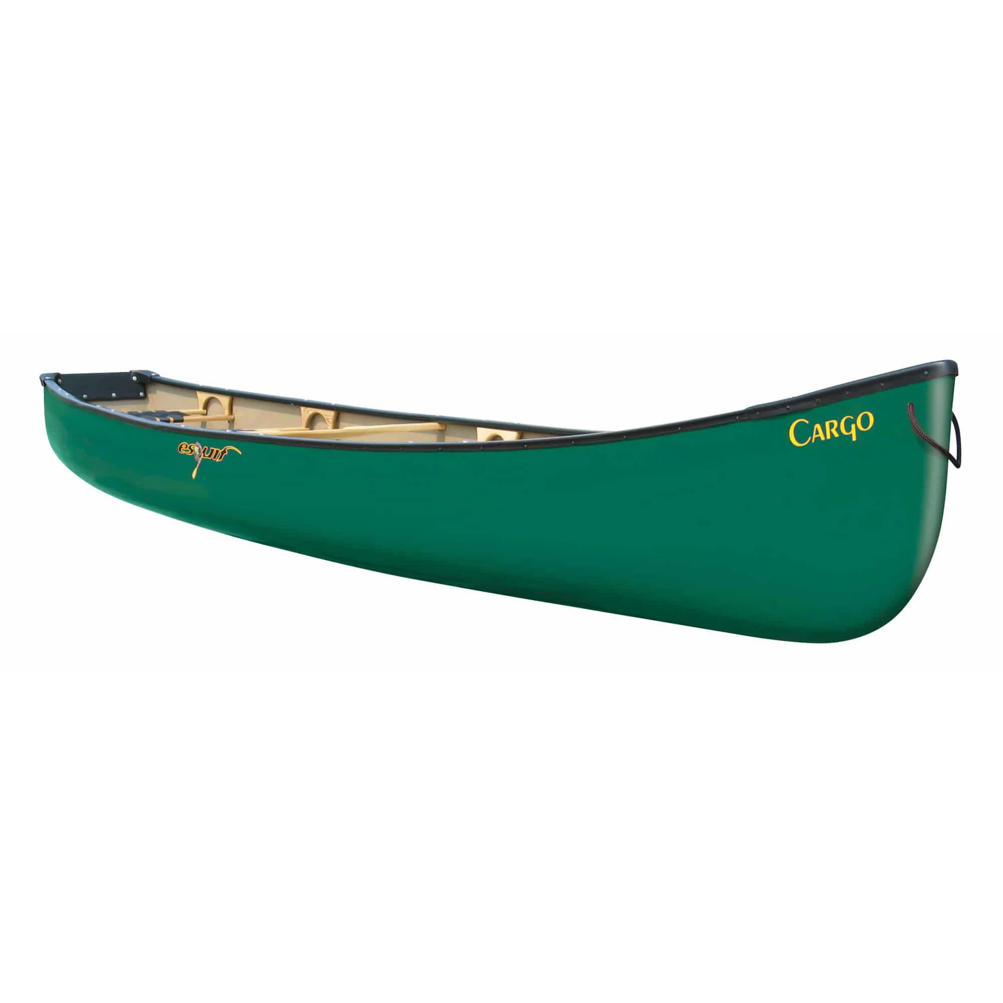 Un canoë CARGO 15 de couleur verte, avec l'inscription « CARGO » en jaune près de la proue, représenté sur fond blanc. L'intérieur comprend des sièges et des traverses en bois.