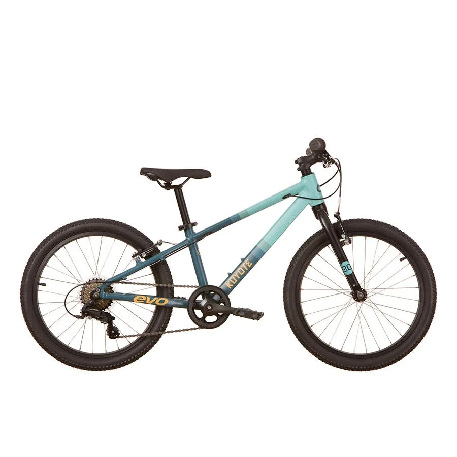 VTT pour enfants KOYOTE 20 7V bleu et sarcelle avec guidon noir, selle noire et pneus noirs. Il est équipé d'une fourche à suspension avant et des marques "evo" et "Rock Ridge" sur le cadre.
