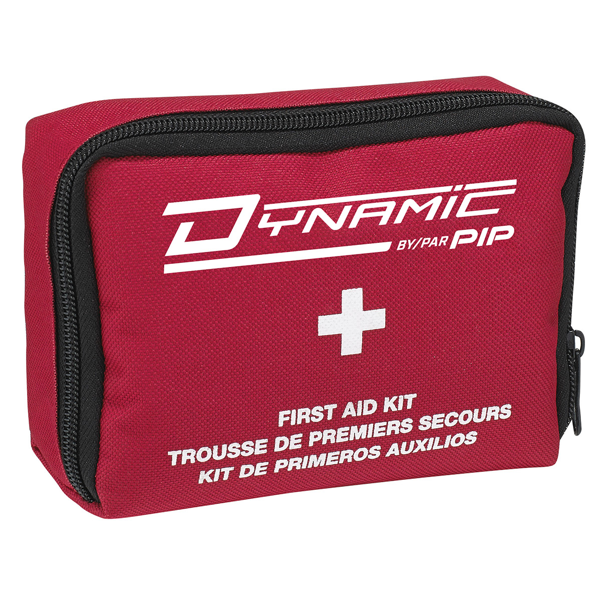 Une trousse de premiers secours CSA n° 1 en nylon rouge, dotée d'une fermeture à glissière, arborant une croix blanche et des inscriptions en anglais, en français et en espagnol sur le devant.