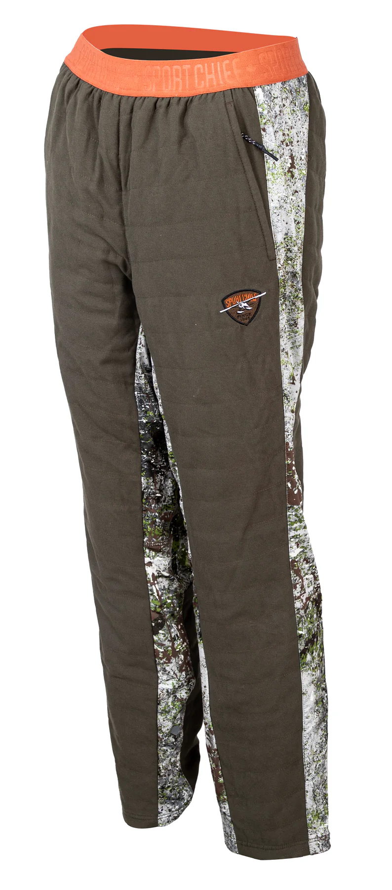 Pantalon d'extérieur de couleur vert olive avec des motifs camouflage d'arbres sur les côtés. La ceinture est orange avec le texte "SPORT CHIEF" imprimé dessus. Un petit patch logo est cousu sur le haut de la cuisse.