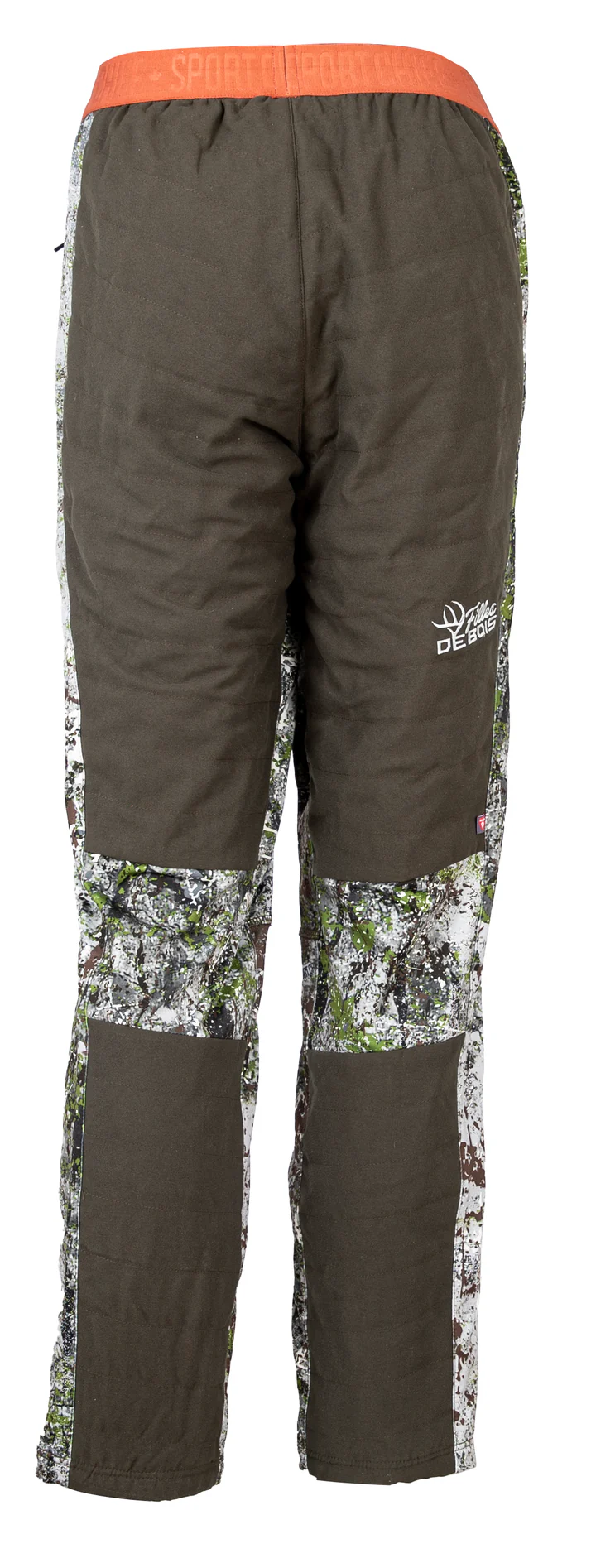 Vue arrière d'un pantalon camouflage d'extérieur avec un mélange de motifs de tissu vert foncé uni et camouflage. La ceinture est orange avec du texte et le pantalon comporte plusieurs sections de camouflage sur les jambes. L'étiquette « Deer Hunter » est visible sur le haut de la jambe droite.