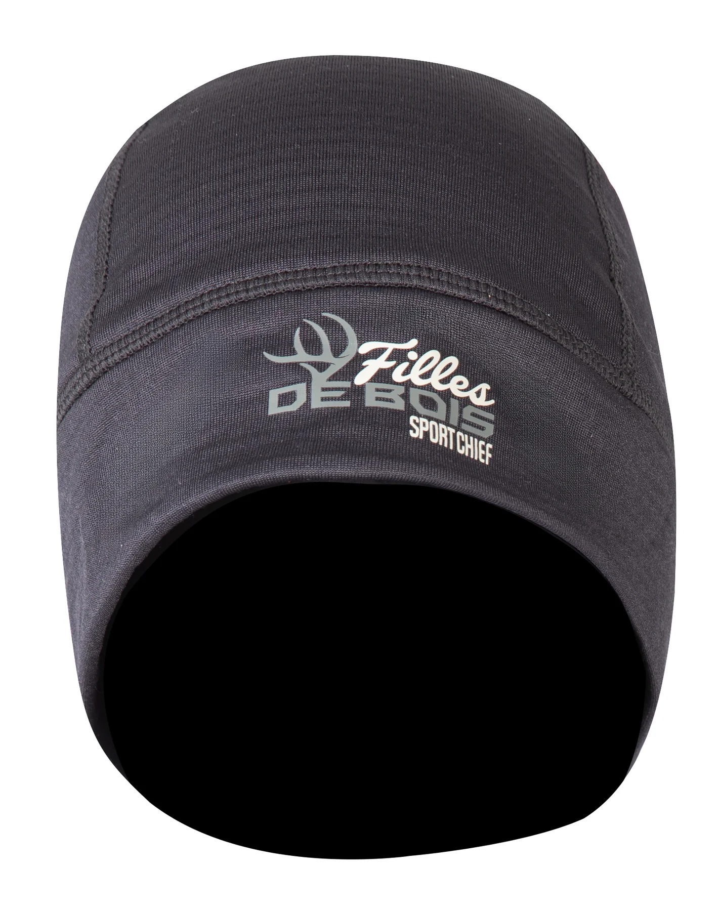 Bonnet noir avec un logo en bois de cerf et les mots « Filles DEER Sport Chief » sur le devant. Le bonnet est fait d'un tissu lisse et extensible et présente un design uni.