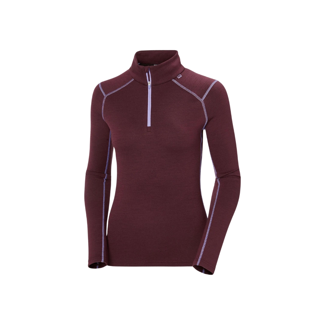 Sous vêtement haut couche de base pour femme demis glissière Helly Hansen couleur Hickory , vue de face qui montre la demis glissière les bras allonger au corp.