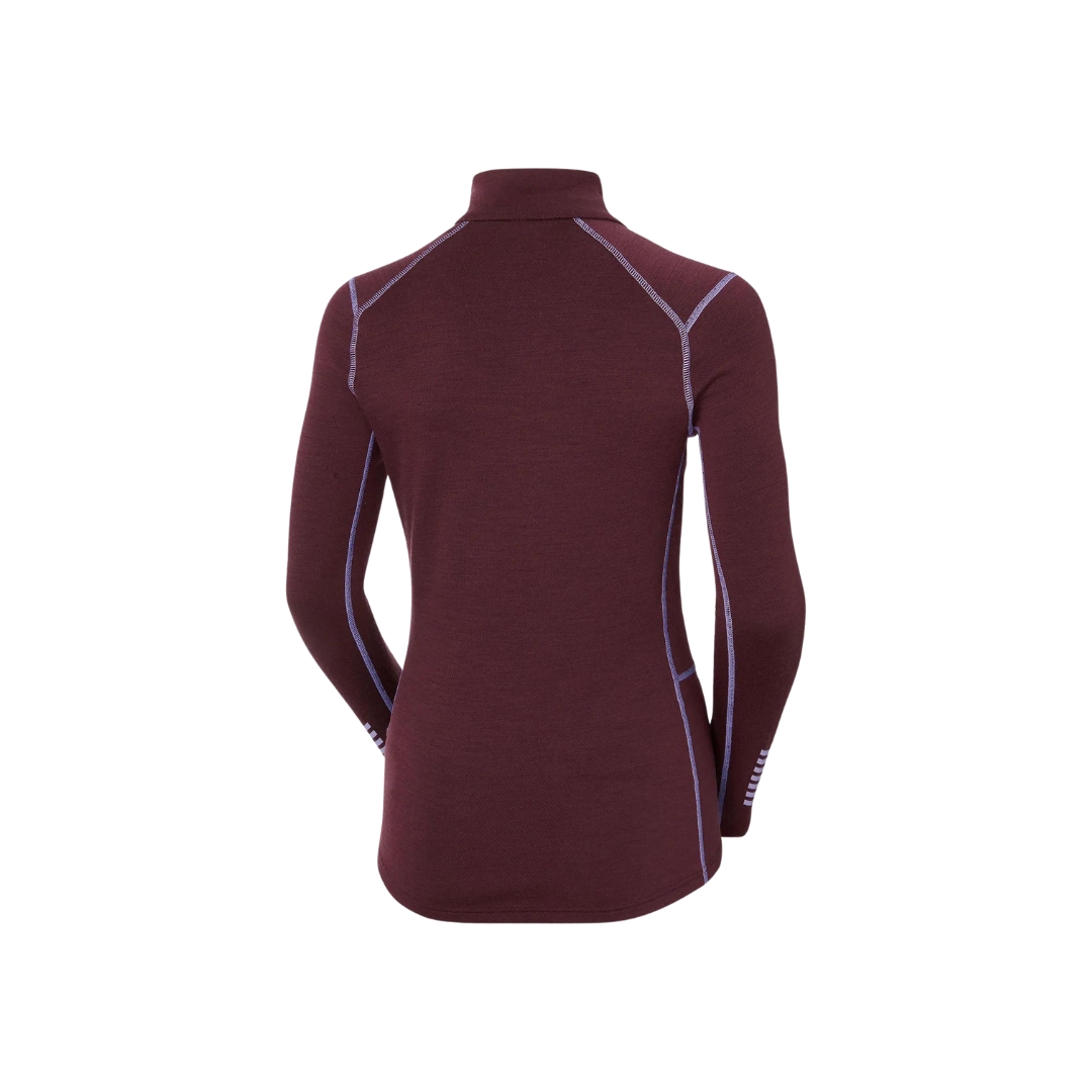 Sous vêtement haut couche de base pour femme demis glissière Helly Hansen couleur Hickory , vue de dos avec les bras au long du corp.