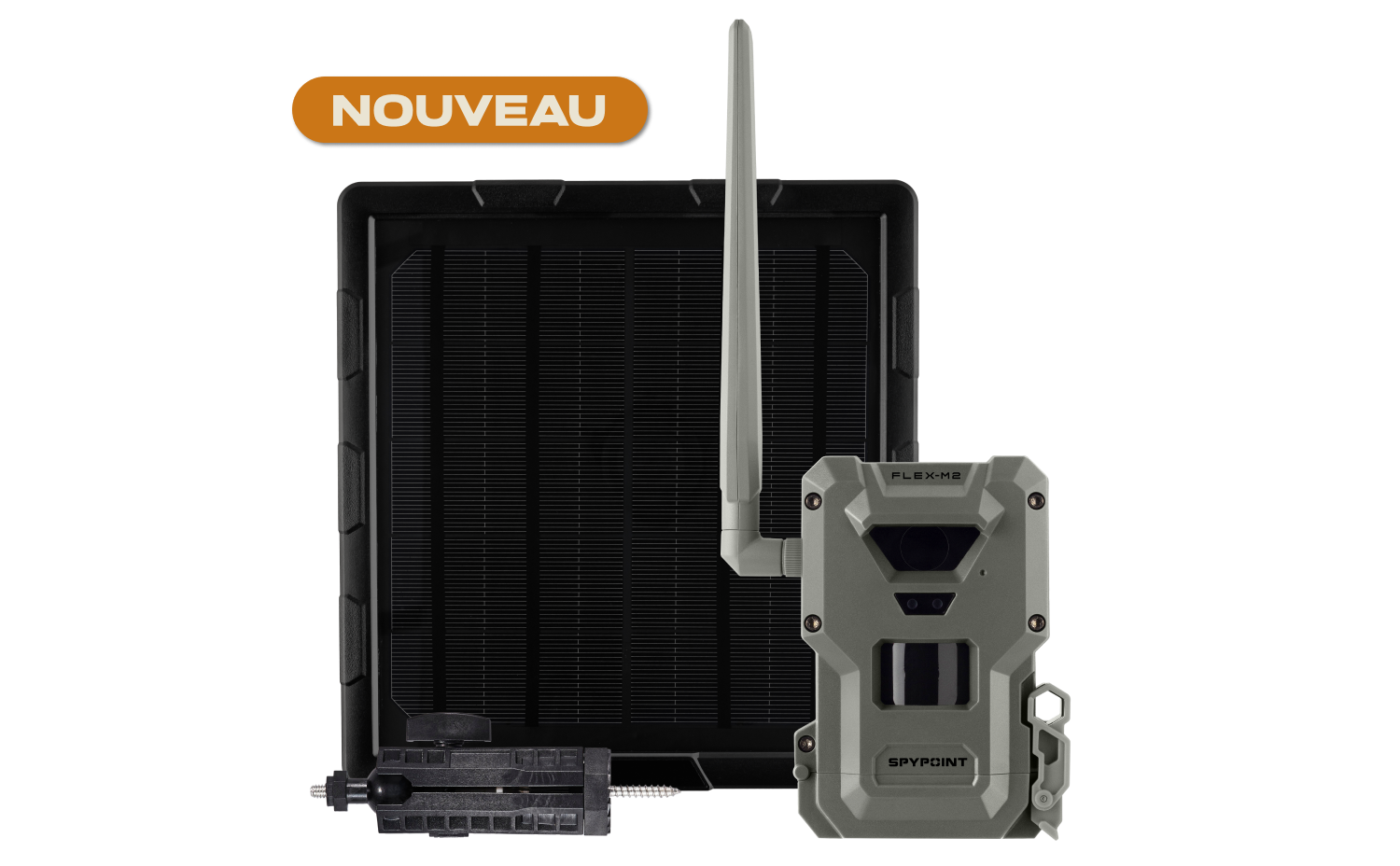 Le kit FLEX-M2 COMBO SOLAIRE, composé d'une caméra sans fil robuste avec antenne, d'un panneau solaire et d'un support, est présenté sur un fond blanc. Une étiquette orange située au-dessus porte la mention « NOUVEAU ».