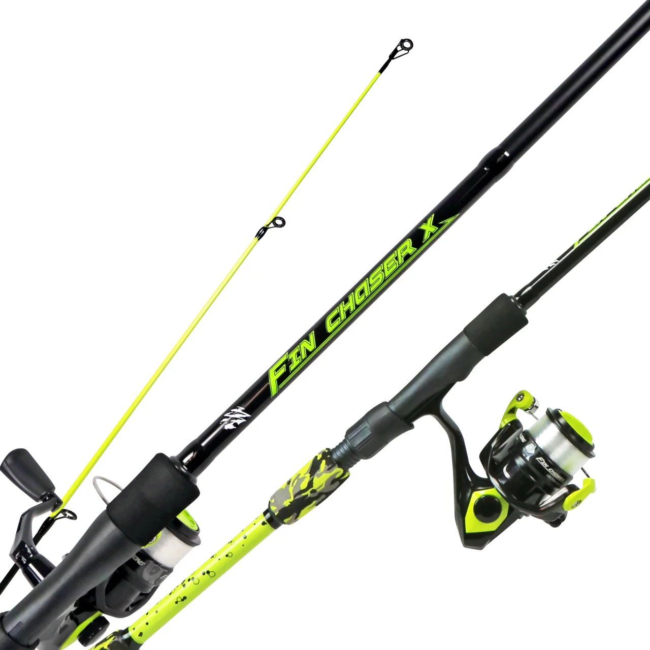Gros plan d'une canne à pêche et d'un moulinet à pêche rotatifs noirs et jaune fluo étiquetés « Fin Chaser X », présentant la poignée, le moulinet et une partie de la canne avec une marque audacieuse.