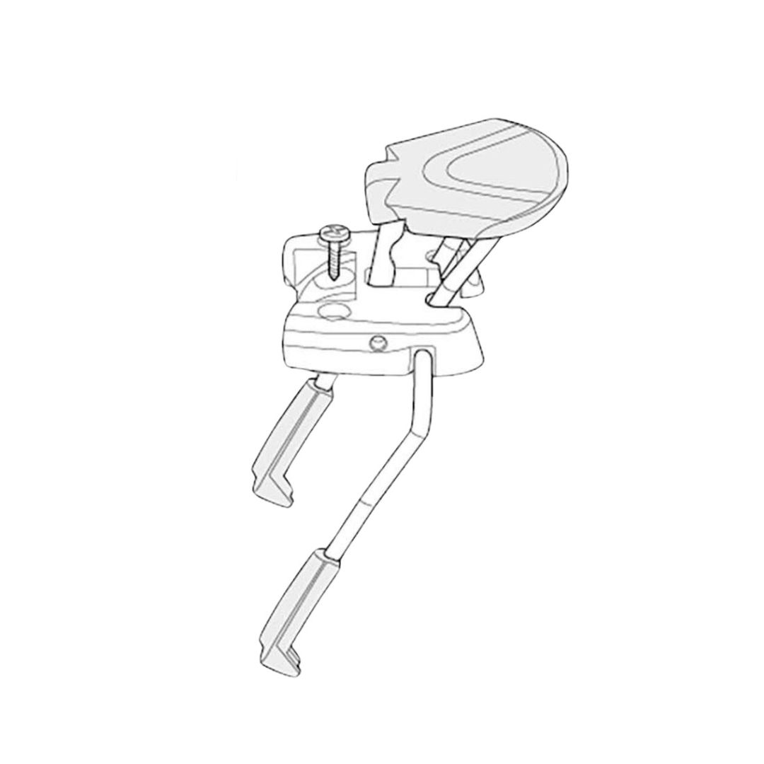 Dessin au trait d'un dispositif mécanique doté d'une pince réglable et de deux bras extensibles, se terminant par des poignées plates et larges. Il semble être utilisé pour maintenir ou fixer des objets.