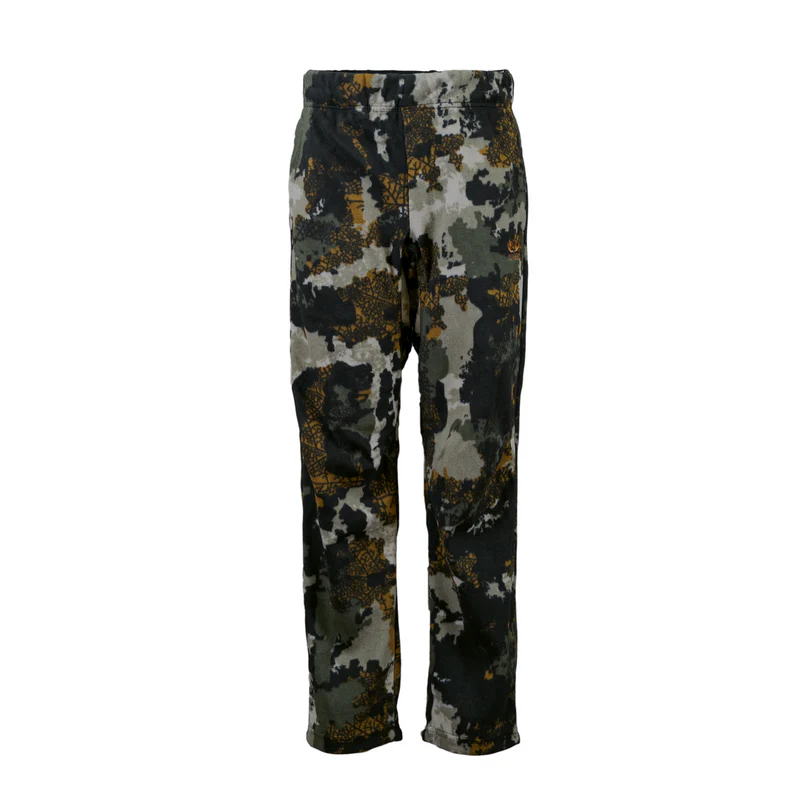 Un pantalon de camouflage à jambe droite de couleur verte, noire, grise et jaune, présenté sur un fond blanc.