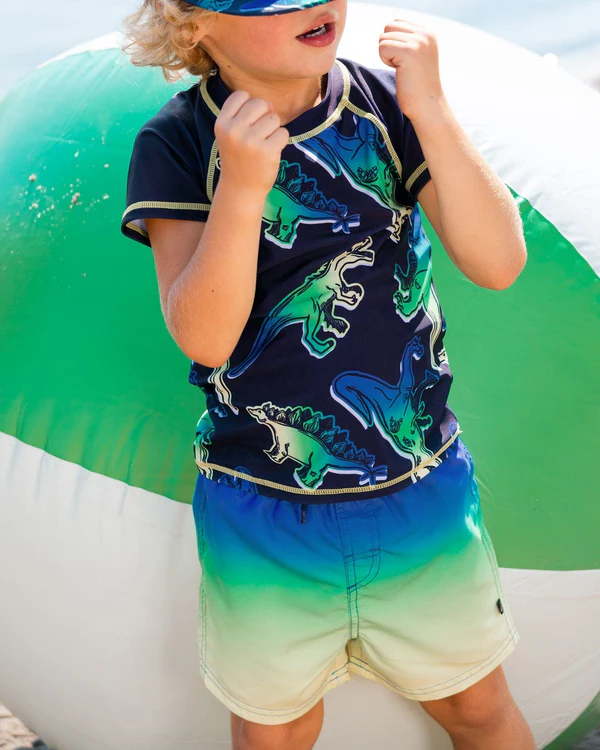 Un enfant portant une chemise bleue à imprimé dinosaure et un short ombré bleu-vert se tient devant un gros ballon de plage vert et blanc, une partie de son visage étant couverte par une casquette bleue.