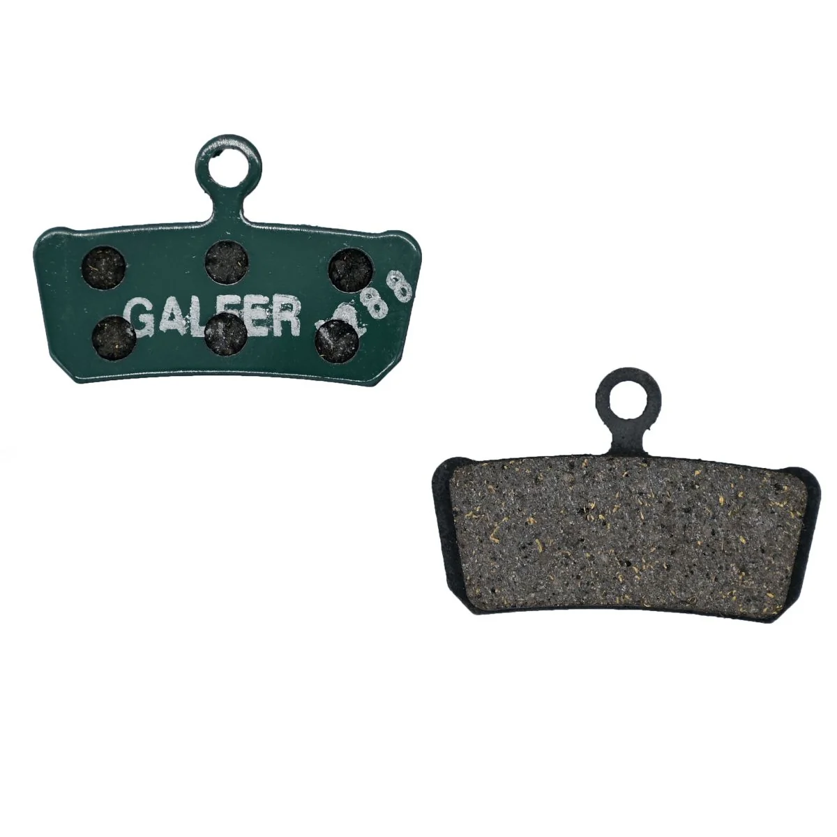Voici deux PLAQUETTES DE FREIN GALFER SRAM G2 GUIDE R/RS/RSC/ULTIMA FD459G1554T : l'une présente un support vert portant la mention « GALEF 188 », tandis que l'autre montre la face grise constituée du matériau de friction.