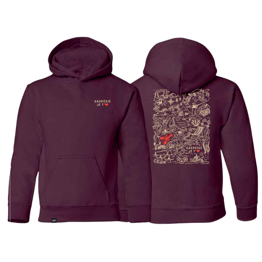 CHANDAIL À CAPUCHON GASPÉSIE JE T'AIME LOGO DOODLES POUR JUNIOR UNISEXE en bourgogne : petit texte "Gaspésie je t'aime" à l'avant, grand motif beige doodle avec illustrations nature et cœur rouge au dos.