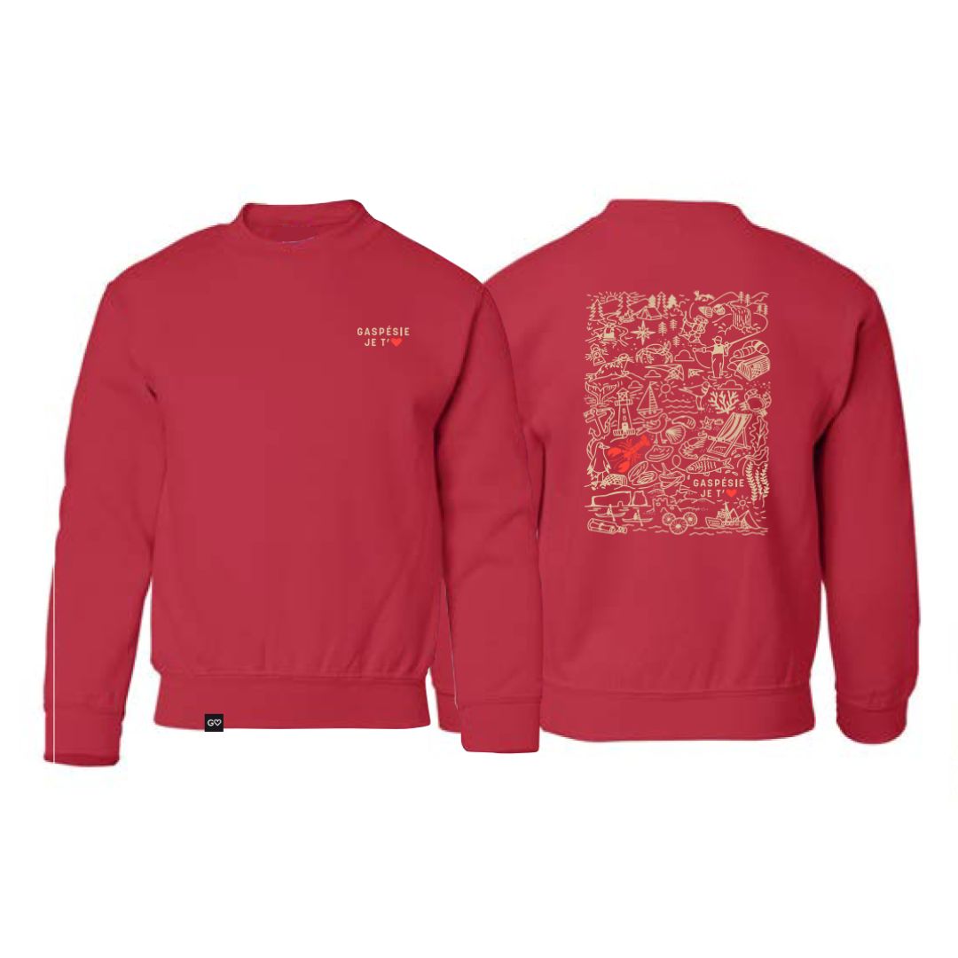 Le modèle CREW NECK À MANCHES LONGUES GASPÉSIE JE T'AIME LOGO DOODLES JUNIOR UNISEXE est un col ras du cou rouge avec un petit texte blanc "GASPÉSIE G.P.T.V." sur la poitrine gauche et un grand graphique de gribouillis blanc dans le dos.