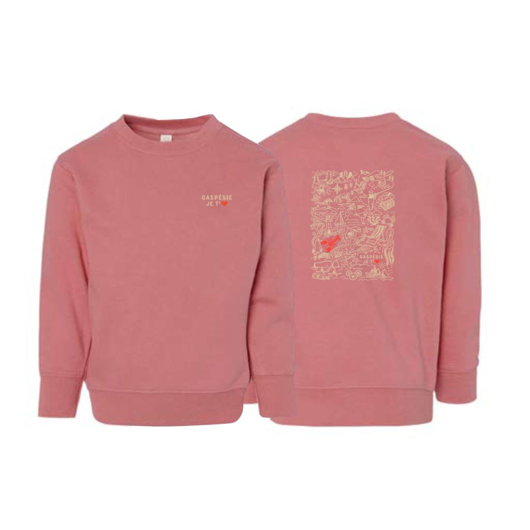 Le CREW NECK À MANCHES LONGUES GASPÉSIE JE T'AIME LOGO DOODLES BÉBÉ est un sweat-shirt rose avec un petit texte blanc et rouge "Gaspésie Je T'aime" sur la poitrine gauche et une grande illustration graphique blanche dans le dos.