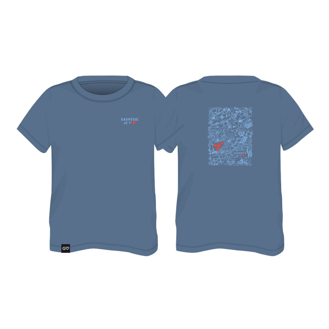 T-SHIRT GASPÉSIE JE T'AIME LOGO DOODLES BÉBÉ (2T À 6T) montré devant et derrière ; le devant porte "Gaspésie je t❤️" sur la poitrine, le dos comporte un dessin détaillé de gribouillis bleu clair avec un cœur rouge.