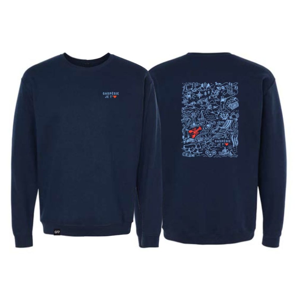 Le sweat-shirt CREW NECK GASPÉSIE JE T'AIME LOGO DOODLES UNISEXE est de couleur bleu marine ; le devant présente un petit texte blanc "GARÇONS DE JEUX" avec un cœur rouge, le dos affiche un dessin au trait bleu avec un avion rouge et le texte "GARÇONS DE JEUX".