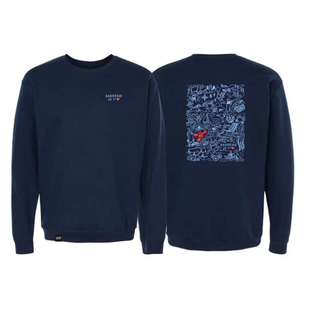 Le sweat-shirt CREW NECK GASPÉSIE JE T'AIME LOGO DOODLES UNISEXE est de couleur bleu marine ; le devant présente un petit texte blanc "GARÇONS DE JEUX" avec un cœur rouge, le dos affiche un dessin au trait bleu avec un avion rouge et le texte "GARÇONS DE JEUX".